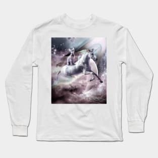 Rainbow Galaxy Cat Riding Unicorn In Space Long Sleeve T-Shirt